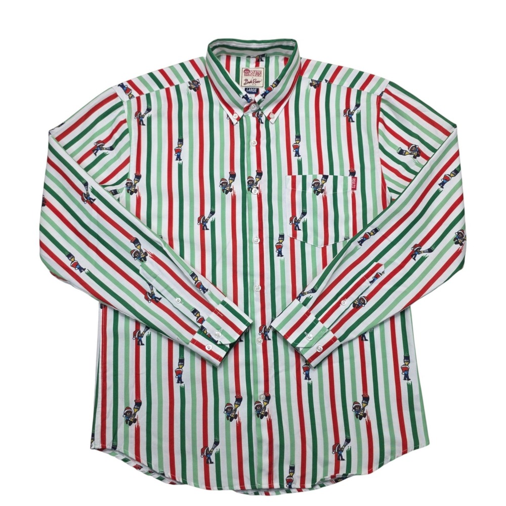 RSVLTS x Bob Ross Christmas Striped Button Down Shirt Mens Large Kunuflex LS